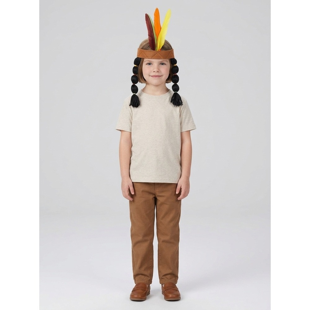 Pow Wow Headband Costume Accessory Kids Feather Braid Brown Multi Amscan